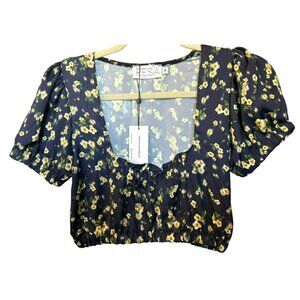 Resa Women's Navy Blue Yellow Floral Daisy Crop Top Size Small NWT Scoop Neck